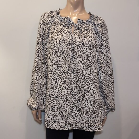 3/$20 A New Day Flowy Cheetah Print Blouse Smocked Keyhole Long Balloon Sleeve - Picture 2 of 14